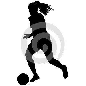 Female Soccer player, Woman`s Soccer in motion. Women`s football running up for ball tee shot front view sport Silhouette