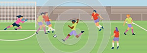 Female soccer team match, girl play football on the green field stadium run and kick the ball trying to score. Vector.