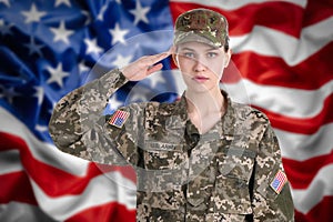 Female soldier and American flag. Military service