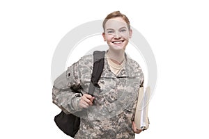 Female soldier with backpack and file