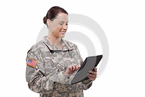 Female soldier with digital tablet