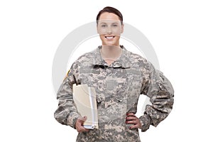 Female soldier with documents