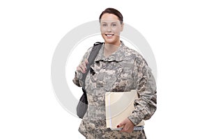 Female soldier with documents and backpack