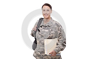 Female soldier with documents and backpack photo