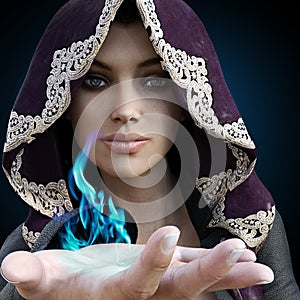 Female sorcerer with blue magic coming from her hand