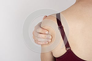 Female sore shoulder, woman with shoulder pain