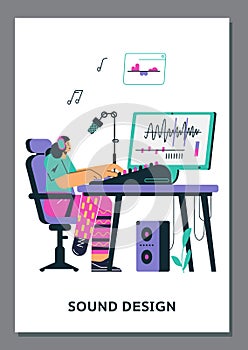 Female sound designer recording and creating music, poster template - flat vector illustration.