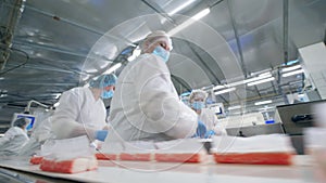 Female specialists are displacing fish snacks from the conveyor. Factory workers in protective clothing packing food.