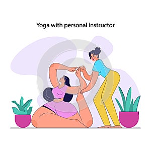 Female in a sportswear doing yoga with a personal instructor. Trainer help