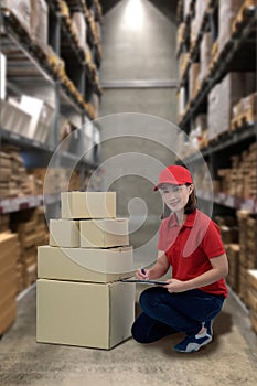 Female staff and parcel boxes checking stock and Blurred the background of the warehouse