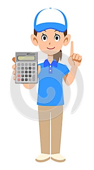 A female staff wearing a short-sleeved polo shirt with a calculator and a hat