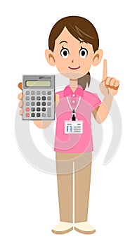 Female staff wearing a short-sleeved polo shirt with a calculator and a name tag