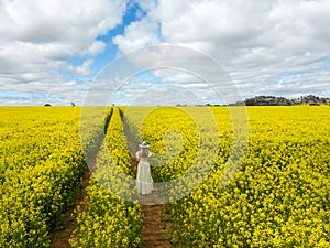 Female stands in a crop of flowering canola in spring time