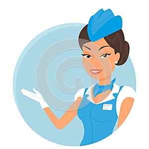 Female stewardess wearing blue suit. Round icon