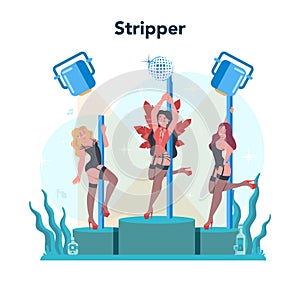 Female stripper concept. Pole dancing girl in club, stripper posing