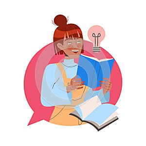Female Student Character with Book and Lightbulb Learning Vector Illustration