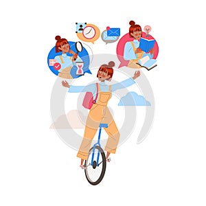 Female Student Character on Monocycle Learning Multitasking Switching Between Different Activities Vector Illustration