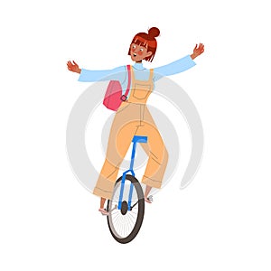Female Student Character Riding Monocycle with Backpack Learning Vector Illustration