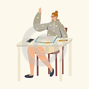 Female Student Character Sitting at Desk with Textbook Raising Hand in Classroom, Girl Answer Lesson Studying in Class