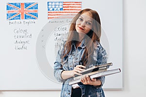 Female student looking at camera. English language school.