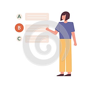 Female student passing test, and choosing wrong answer. Woman making mistake or error during exam. Education concept