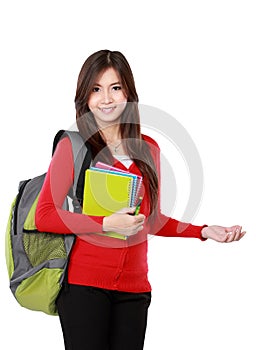 Female student pointing up