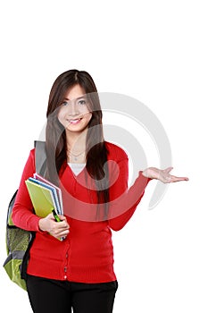 Female student pointing up