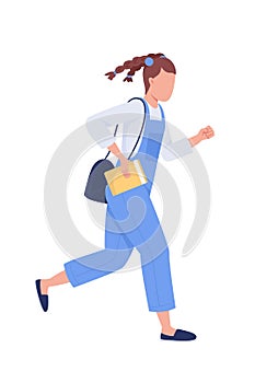 Female student running to school semi flat color vector character