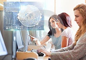 Female Student studying with computer and science education interface graphics overlay