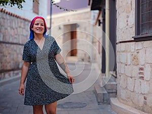 female summer old town walk in Antalya Turkey