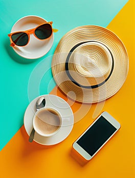 Female summer vacation set on yellow and green background. Hat, phone, cup of coffee and sun glasses on the saucer