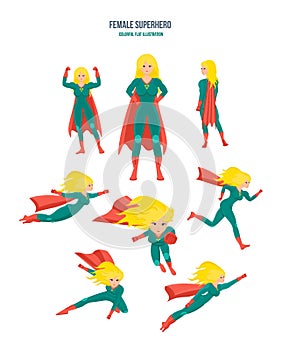Female superhero in different situations and poses, in costume.