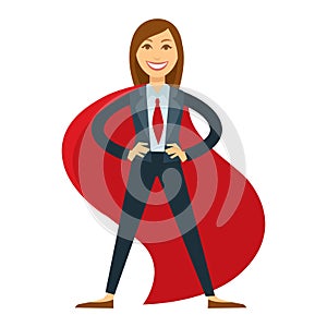Female superhero in office suit with red tie and cloak