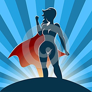 Female Superhero Standing on Blue Burst background