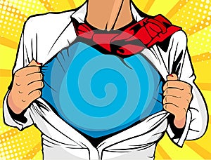 Female superhero. Young woman dressed in white jacket shows superhero t-shirt. Vector illustration in retro pop art c photo