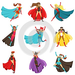 Female Superheroes In Classic Comics Costumes With Capes Set Of Smiling Flat Cartoon Characters With Super Powers