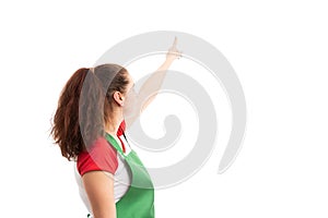 Female supermarket or retail employee pointing with finger