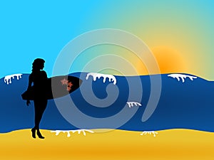 Female surfer silhouette on the beach