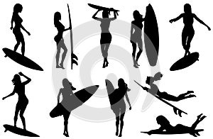 Female surfer and surfboard isolated silhouette poses