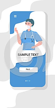 Female surgeon doctor with stethoscope in uniform online medical consultation healthcare concept smartphone screen