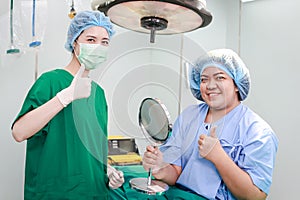 Female surgeon with patient in operating room. Facial surgery.