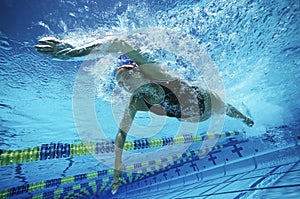 Female Swimmer Swimming In Pool