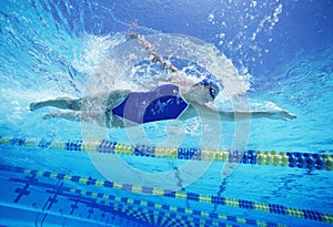 Female swimmer wearing United States swimsuit while swimming in pool