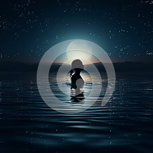 female swimming in a sea at night, gazing up at the round, luminous full moon mirrored in the water