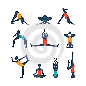 Female in swimsuit in different yoga positions. Woman silhouette making stretching exercises vector