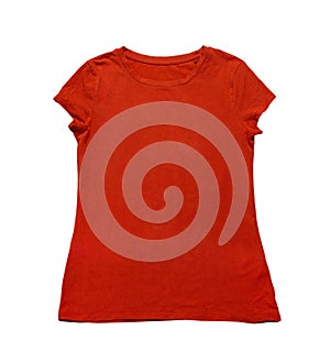 Female t-shirt isolated on white background front view, red t shirt mock up