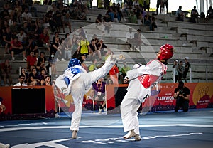 Female taekwondo fighter kick during match