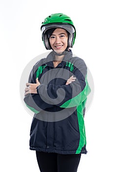 Female taxi uber driver with helmet isolated