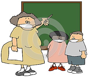 Female teacher and 2 students wearing face masks
