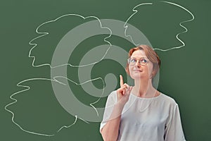 Female teacher with clouds of thoughts on the blackboard, copy space on a green background